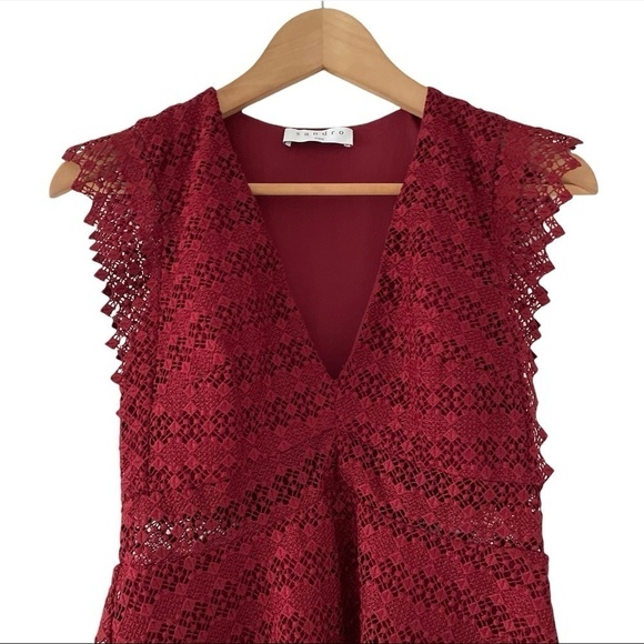 Sandro Bordeaux Guipure Crochet Lace Mini Dress Red - Picture 9 of 16